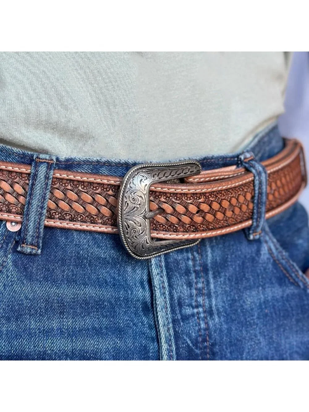 Handmade Full Grain Leather Western Belt for Men, Engraved Tooled Buckle, 1.5